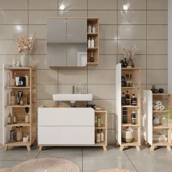 Vicco Midischrank Sonoma/Weiß Karen 30x90x35 cm - Die Badezimmermöbel, Mehr Ordnung im Badezimmer durch übersichtliche Ablage