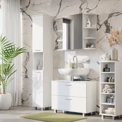 Vicco Midischrank Weiß Ilias 30x95x30 cm - Die Badezimmermöbel, Mehr Ordnung im Badezimmer durch übersichtliche Ablage