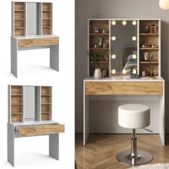 Vicco Schminktisch Goldkraft Eiche/Weiß Alexa 93x147x40 cm - Kosmetiktisch, Schafft sofort ein aufgeräumtes Beauty-Setup