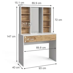 Vicco Schminktisch Goldkraft Eiche/Weiß Alexa 93x147x40 cm - Kosmetiktisch, Schafft sofort ein aufgeräumtes Beauty-Setup
