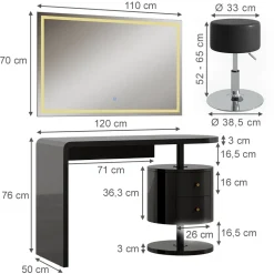 Vicco Schminktisch Schwarz Hochglanz Lara 120x76x50 cm - Frisiertisch, Große Tischfläche für Make-up, Schmuck und Styling-Utensilien