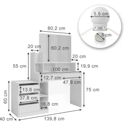 Vicco Schminktisch Weiß Anja 139.8x115x40 cm - Frisiertisch, Schubladen für Ordnung im Chaos