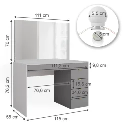 Vicco Schminktisch Weiß/Grau/Grau Elise 115x76x55 cm - Frisiertisch, Schubladensystem für Ordnung im Alltag