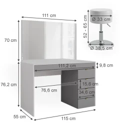 Vicco Schminktisch Weiß/Grau/Grau Elise 115x76x55 cm - Frisiertisch, Schubladensystem für Ordnung im Alltag