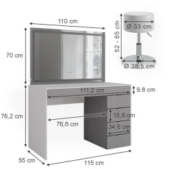 Vicco Schminktisch Weiß/Grau/Grau Elise 115x76x55 cm - Frisiertisch, Schubladensystem für Ordnung im Alltag