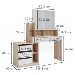 Vicco Schminktisch Weiß/Sonoma Anja 139.8x115x40 cm - Kosmetiktisch, Schubladen für Ordnung im Chaos