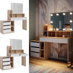 Vicco Schminktisch Weiß/Sonoma Anja 139.8x115x40 cm - Frisiertisch, Schubladen für Ordnung im Chaos