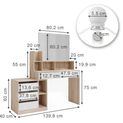 Vicco Schminktisch Weiß/Sonoma Anja 139.8x115x40 cm - Frisiertisch, Schubladen für Ordnung im Chaos