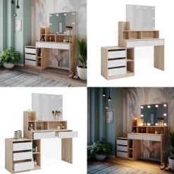 Vicco Schminktisch Weiß/Sonoma Anja 139.8x115x40 cm - Frisiertisch, Schubladen für Ordnung im Chaos