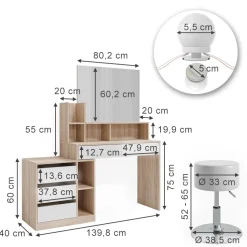 Vicco Schminktisch Weiß/Sonoma Anja 139.8x115x40 cm - Frisiertisch, Schubladen für Ordnung im Chaos