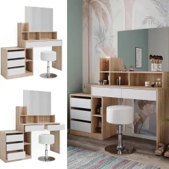 Vicco Schminktisch Weiß/Sonoma Anja 139.8x115x40 cm - Frisiertisch, Schubladen für Ordnung im Chaos