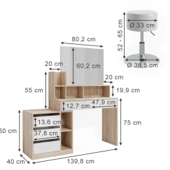 Vicco Schminktisch Weiß/Sonoma Anja 139.8x115x40 cm - Frisiertisch, Schubladen für Ordnung im Chaos