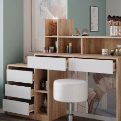 Vicco Schminktisch Weiß/Sonoma Anja 139.8x115x40 cm - Frisiertisch, Schubladen für Ordnung im Chaos