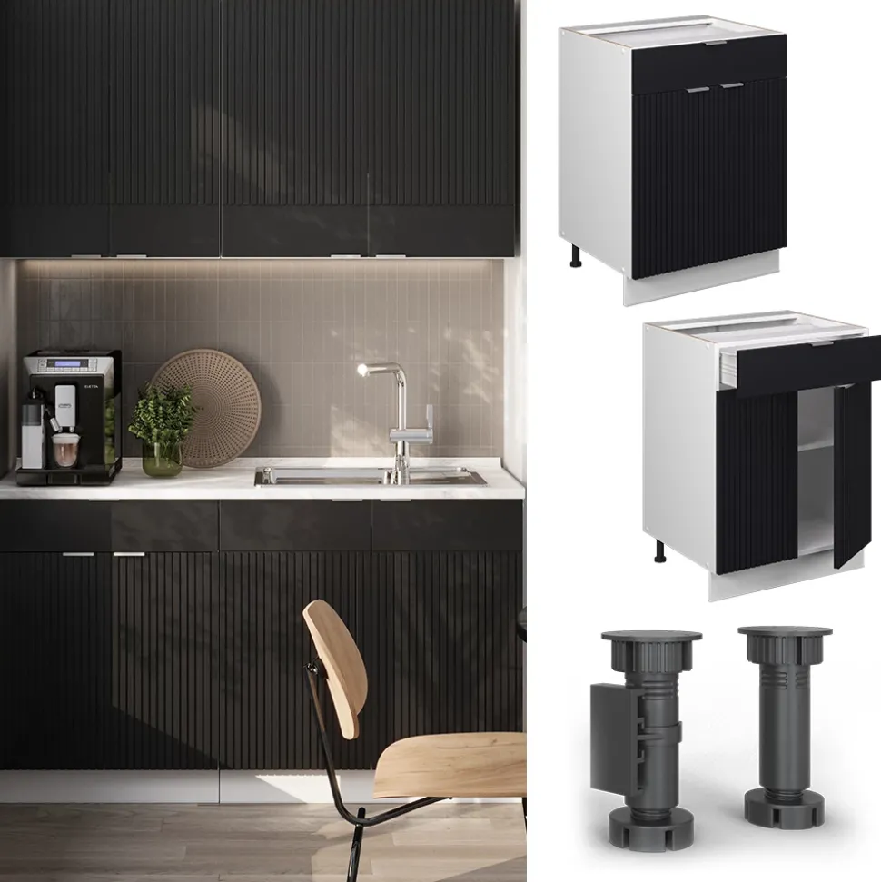 Vicco Schubunterschrank "Fame-Line", Schwarz gestreift, 60 cm mit Schublade, ohne Arbeitsplatte