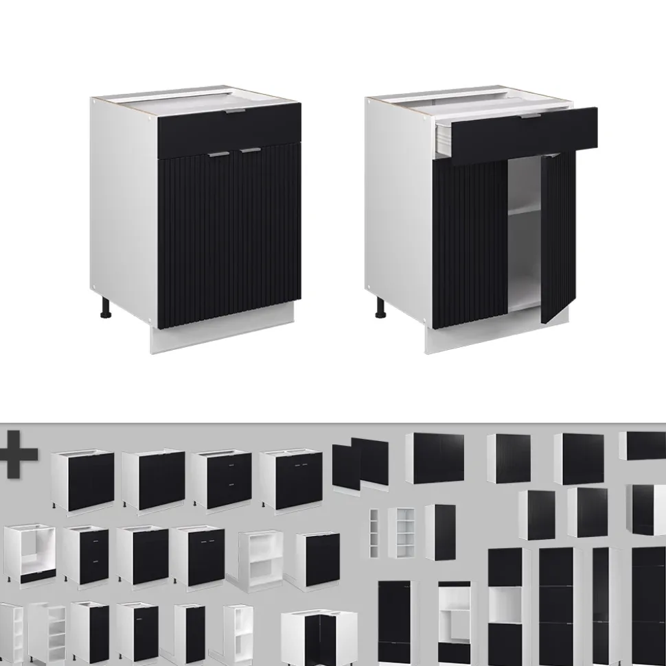 Vicco Schubunterschrank "Fame-Line", Schwarz gestreift, 60 cm mit Schublade, ohne Arbeitsplatte