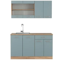Vicco Singleküche "R-Line", Blau-Grau/Goldkraft Eiche, 140 cm ohne Arbeitsplatte