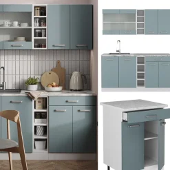 Vicco Singleküche R-Line, Küchenzeile Single, Blau-Grau/Weiß, 160 cm ohne Arbeitsplatte