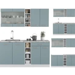 Vicco Singleküche R-Line, Küchenzeile Single, Blau-Grau/Weiß, 160 cm ohne Arbeitsplatte