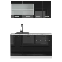 Vicco Singleküche R-Line, Küchenzeile Single, Schwarz Hochglanz/Weiß, 140 cm, AP Marmor