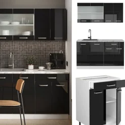 Vicco Singleküche R-Line, Küchenzeile Single, Schwarz Hochglanz/Weiß, 140 cm, AP Marmor