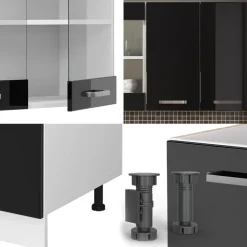 Vicco Singleküche R-Line, Küchenzeile Single, Schwarz Hochglanz/Weiß, 140 cm, AP Marmor