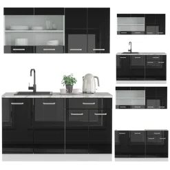 Vicco Singleküche R-Line, Küchenzeile Single, Schwarz Hochglanz/Weiß, 140 cm, AP Marmor