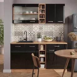 Vicco Singleküche "R-Line", Schwarz Hochglanz/Goldkraft Eiche, 160 cm ohne Arbeitsplatte