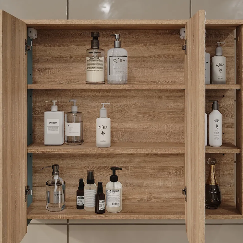 Vicco Spiegelschrank Sonoma/Blau Karen 80x75x20 cm - Badezimmerschrank mit Spiegel, Übersichtliche Organisation dank cleverer Fächeraufteilung