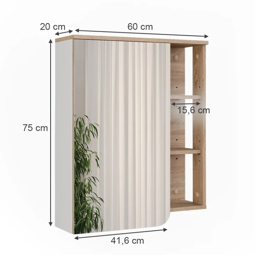 Vicco Spiegelschrank Sonoma/Weiß Karen 60x75x20 cm - Badezimmerschrank mit Spiegel, Übersichtliche Organisation dank cleverer Fächeraufteilung