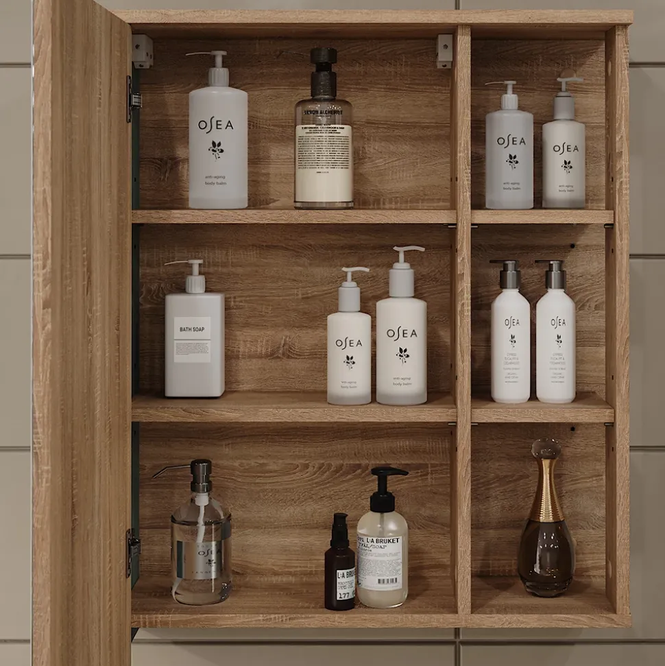 Vicco Spiegelschrank Sonoma/Blau Karen 60x75x20 cm - Badezimmerschrank mit Spiegel, Übersichtliche Organisation dank cleverer Fächeraufteilung