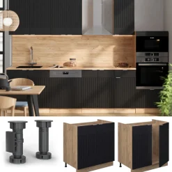 Vicco Spülenunterschrank Fame-Line, Küchenunterschrank für die Spüle, Schwarz gestreift, 80 cm, AP Eiche