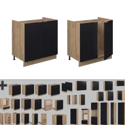 Vicco Spülenunterschrank Fame-Line, Küchenunterschrank für die Spüle, Schwarz gestreift, 80 cm, AP Eiche