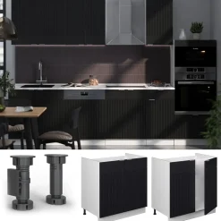 Vicco Spülenunterschrank Fame-Line, Küchenunterschrank für die Spüle, Schwarz gestreift, 80 cm, AP Eiche