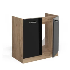 Vicco Spülenunterschrank "R-Line", Schwarz Hochglanz/Goldkraft Eiche, 80 cm ohne Arbeitsplatte