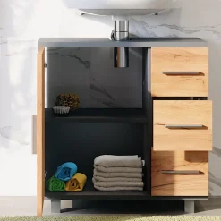 Vicco Waschbeckenunterschrank Anthrazit/Goldkraft Eiche Ilias 60x61x33 cm - Unterschrank für das Badezimmer, Zusätzlicher Stauraum direkt unter dem Waschbecken