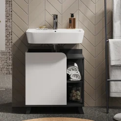 Vicco Waschbeckenunterschrank Anthrazit/Weiß Karen 60x65x35 cm - Unterschrank für das Badezimmer, Grifflose Fronten für eine moderne Optik