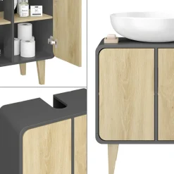 Vicco Waschbeckenunterschrank Anthrazit/Eiche Arla 60x61x30 cm - Unterschrank für das Badezimmer, Viel Stauraum für Handtücher, Kosmetik & Pflegeprodukte