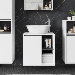 Vicco Waschbeckenunterschrank Weiß/Grau Viola 60x60x46 cm - Unterschrank für das Badezimmer, Leichte Reinigung des Bodens dank wandhängender Montage