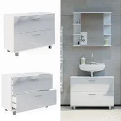 Vicco Waschbeckenunterschrank Weiß Hochglanz Ilias 80x61x33 cm - Unterschrank Badezimmer, Übersichtliche Aufbewahrung durch großzügige Schublade