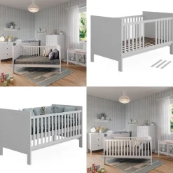 Vitalispa Babybett Ajaton - Weiß 144x83x81 cm gefertigt aus Spanplatte - Kinderbett mit Rausfallschutz abgestimmt auf Neugeborene und Babys, mit herausnehmbaren Schlupfsproßen