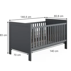 Vitalispa Babybett Ajaton - Grau 144x83x81 cm gefertigt aus Spanplatte - Kinderbett mit Rausfallschutz abgestimmt auf Neugeborene und Babys, mit herausnehmbaren Schlupfsproßen