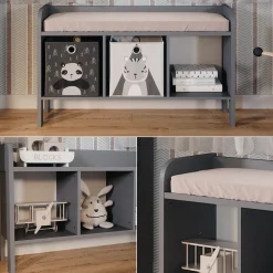 Vitalispa Kindersitzbank Grau Ajaton - 107x64x31 cm hergestellt aus Spanplatte - Kinderregal für Kinder und Teenager, für schnell und praktisch Spielzeugaufbewahrung