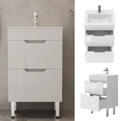 Waschbeckenunterschrank Clayton Weiß 2 Teile, mit Waschbecken und 2 Schubladen Vicco