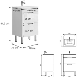 Waschbeckenunterschrank Clayton Weiß 2 Teile, mit Waschbecken und 2 Schubladen Vicco
