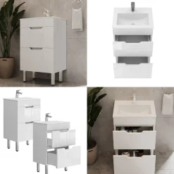 Waschbeckenunterschrank Clayton Weiß 2 Teile, mit Waschbecken und 2 Schubladen Vicco