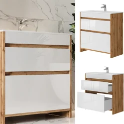 Waschbeckenunterschrank Detmold Goldkraft Eiche 2 Teile, Unterschrank 80 cm Vicco