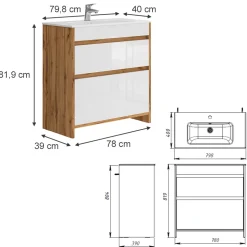 Waschbeckenunterschrank Detmold Goldkraft Eiche 2 Teile, Unterschrank 80 cm Vicco
