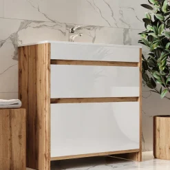 Waschbeckenunterschrank Detmold Goldkraft Eiche 2 Teile, Unterschrank 80 cm Vicco