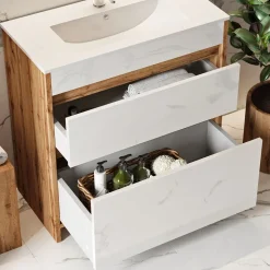 Waschbeckenunterschrank Detmold Goldkraft Eiche 2 Teile, Unterschrank 80 cm Vicco