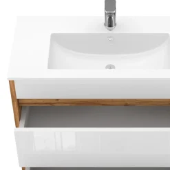 Waschbeckenunterschrank Detmold Goldkraft Eiche 2 Teile, Unterschrank 80 cm Vicco